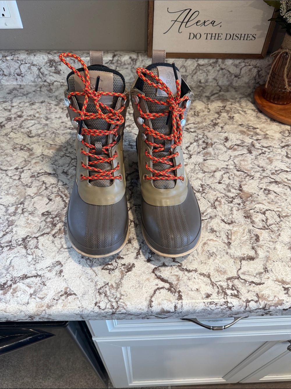 Sorrel Women's Taupe and Grey Waterproof Lace-Up Outdoor Boots with Orange Laces